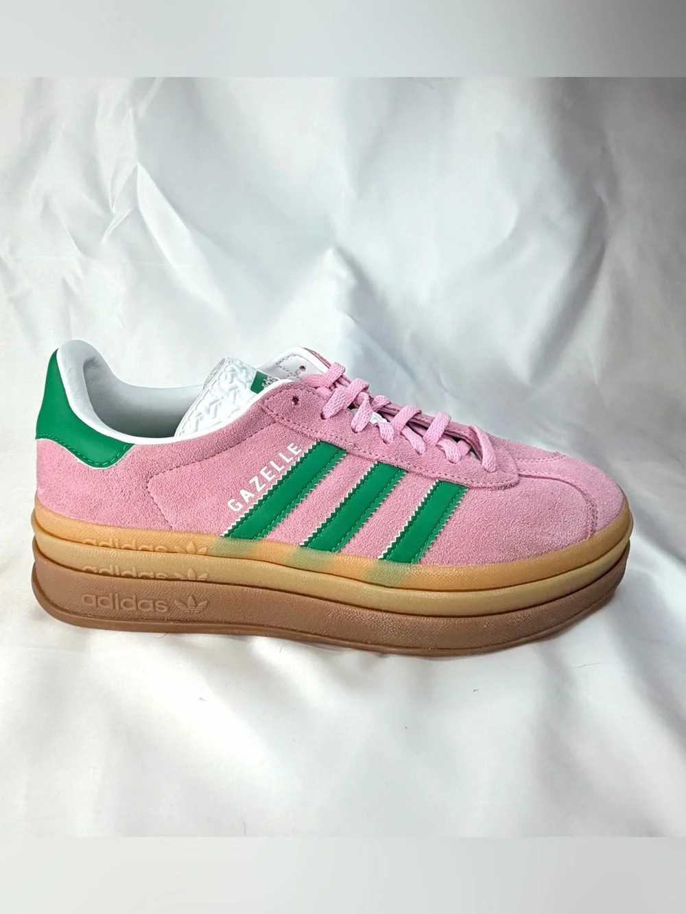 adidas Gazelle Bold Platform Sneakers Pink with Green Stripes Gum Sole Size 7 - Picture 1 of 7